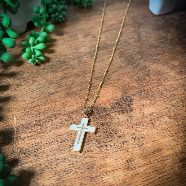 Freshwater Shell Cross Necklace: Gold Stainless Steel Satellite Chain