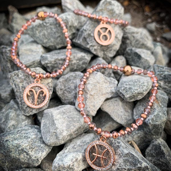 Zodiac Bracelet - Electroplated Glass Beads | Rose Gold Zirconia Pendant | Stretch Fit Handmade Jewellery