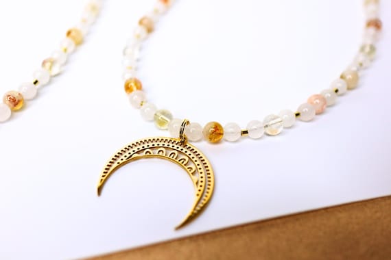Citrine Gemstone Necklace: Stainless Steel Half-Moon Pendant, Healing Crystal Jewelry