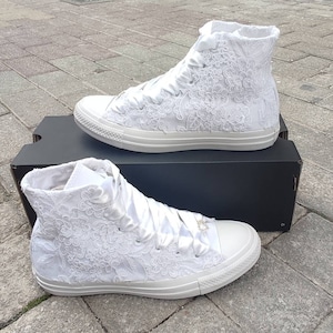 Luxury White Wedding Converse For Bride, Lace Converse Trainers High Top, Bridal Chucks High Top Sneakers