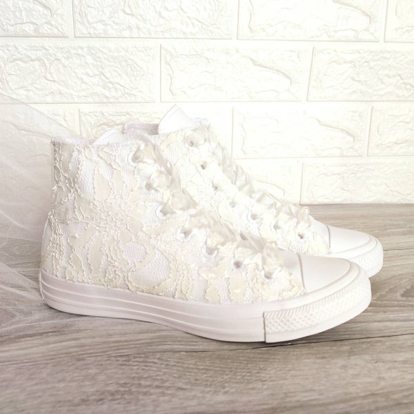 Ivory Wedding Converse For Bride. Lace Converse Bridal.Shoes with  Lace. Personalized Bridal High  top Tennis.