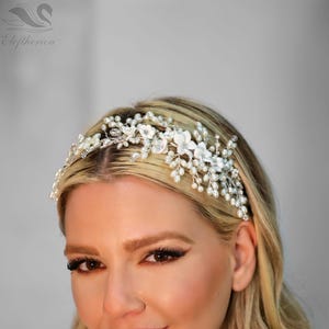 White Floral Bridal Headpiece, Blossom Headband, Flower Pearl Headband, Bride Pearl White Floral Headpiece, Small Flower Crown | Olivia
