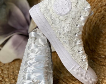 Wedding Converse  . Custom Converse Shoes For Bride. Embossed Lace
