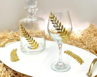 Handmade Crystal Decanter Set, Gold Olive Leaf, Wedding Bridal Gift
