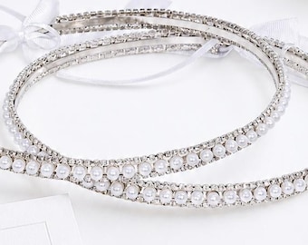 Handmade Greek Stefana. Minimalist Silver Wedding Crowns with Pearls