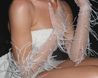Feather Pearl Tulle Fingerless Bridal Gloves, Ivory Wedding Sleeves