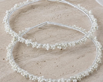Greek Wedding Crowns with White Porcelain Flowers, Floral Stefana with Crystals and Organza Ribbon, Orthodox Wedding Crowns