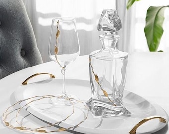 Handmade Crystal Wedding Decanter Set, Gold Olive Leaf Details