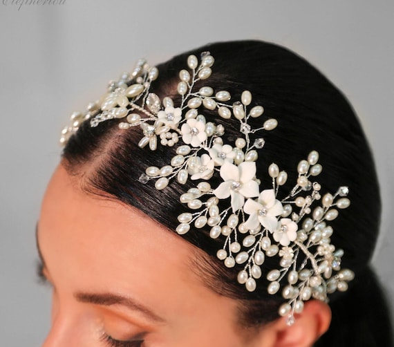 Porcelain Flower Bridal Headpiece | Pearl Wedding Headband 