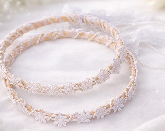 Handmade White Boho Wedding Crowns with Daisies, Pearls & Ribbons