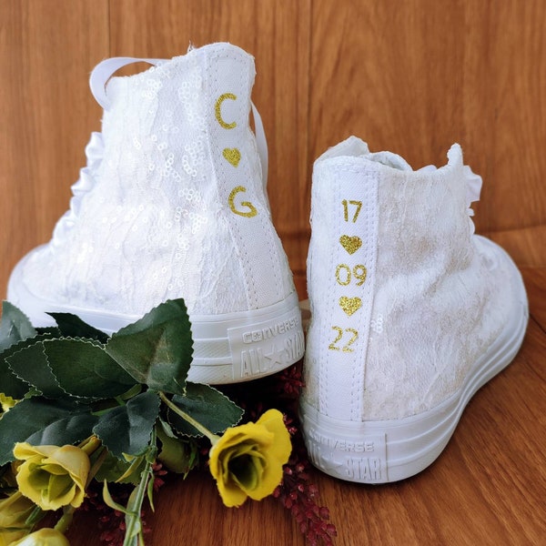 Wedding Converse For Bride. Custom  Converse Bridal. Personalized Bridal High  top Tennis.French Lace