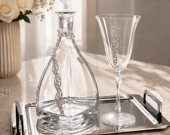 Silver Crystal wine Wedding Swarovski set Decanter Glass Stainless steel tray Stefana Greek orthodox bridal gifts Luxury.