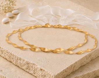 Twisted Gold Greek Wedding Crowns with White Organza Ribbon, Handmade Stefana for Orthodox Wedding