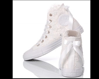 Wedding Converse For Bride. Lace Converse Bridal.Shoes with  Lace. Personalized Bridal High  top Tennis.French Lace