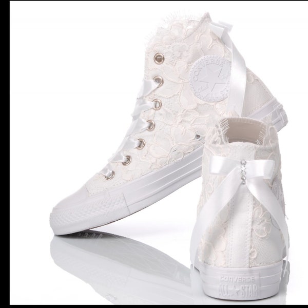 Wedding Converse For Bride. Lace Converse Bridal.Shoes with  Lace. Personalized Bridal High  top Tennis.French Lace