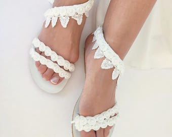 White Leather Wedding Sandals, Lace Pearl Bridal Shoes