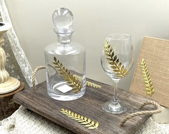 Handmade Crystal Decanter Set with Gold Olive Leaves, Wedding Ceremony Wine Set, Rustic Wooden Tray, Bridal Gift