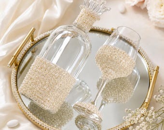 Luxury Pearl Wedding Set – Handmade Crystal Decanter, Wine Glass and Gold Mirrored Tray