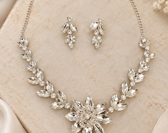 Bridal Jewelry Set, Crystal Wedding Necklace and Earrings, Silver Bridal Jewellery, Marquise-Cut Crystal Set