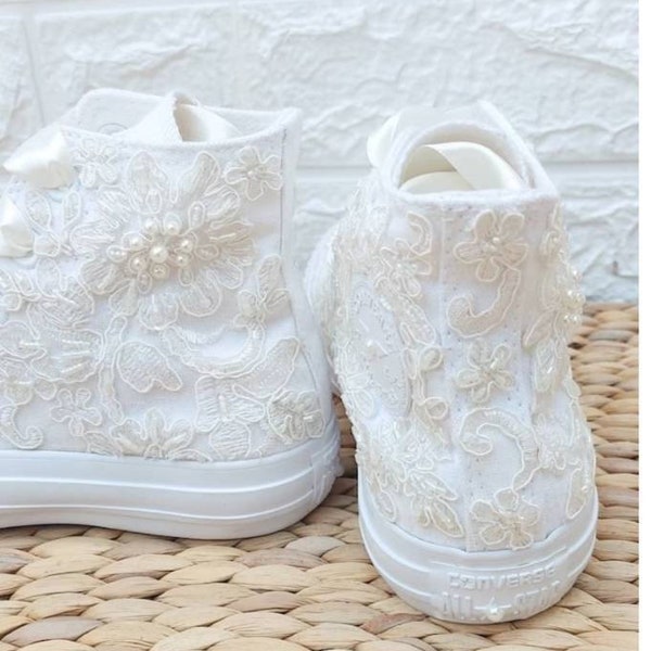 Ivory Wedding Converse. Costum Converse .High Top - Lace High Top Converse For Bride - Wedding Sneakers