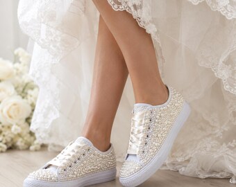 Ivory Pearl Bridal Sneakers, Wedding Shoes for Bride, Pearl Wedding Sneakers with Satin Ribbon Laces, Handmade Bridal Shoes