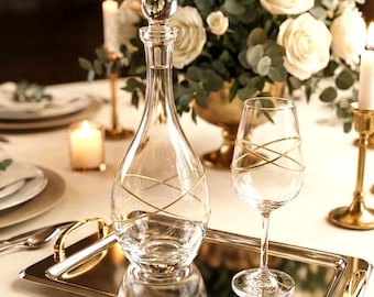 Handmade Crystal Wedding Decanter Set, Gold Details.