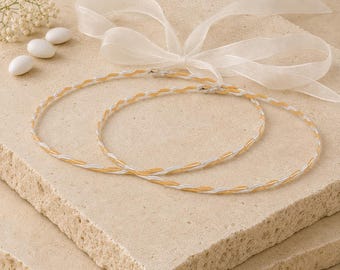 Two-Tone Gold and Silver Greek Wedding Crowns, Twisted Orthodox Stefana with Ivory Organza Ribbon