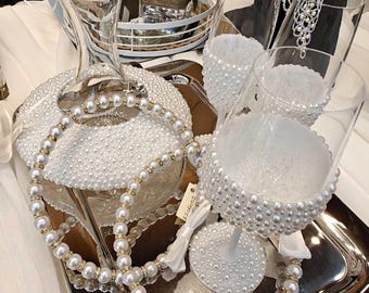 Handmade Pearl Wedding Set – Crystal Decanter, Wine Glass & Mirror Tray
