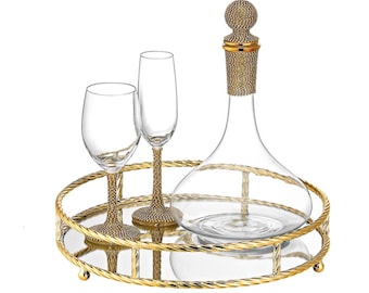 Decanter tray glass .Handmade Crystal Decanter Set,  Wedding Bridal Gift.