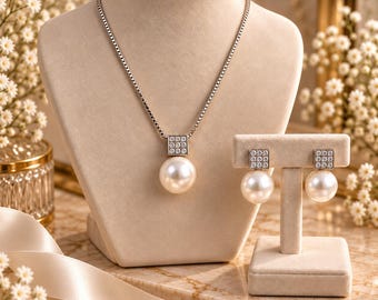 Bridal Pearl Jewelry Set, Wedding Necklace and Earrings, Zircon Pearl Necklace, Elegant Bride Jewelry