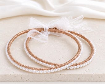 Copper Orthodox Wedding Crowns with Freshwater Pearls, Handmade Greek Stefana, Silk Thread Crowns, Matching Wedding Candle