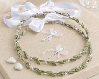 Wedding Crowns with Olive Leaves, Pearl Stefana, Greek Orthodox Wedding Crowns