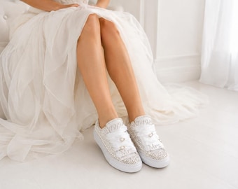 Personalized Bridal Sneakers with Pearls, Custom Mrs Wedding Shoes, Rhinestone Bride Sneakers, Satin Ribbon Wedding Trainers