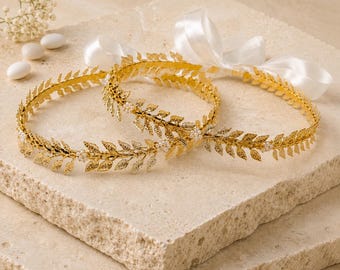 Gold Olive Leaf Greek Wedding Crowns with Ivory Pearls, Handmade Stefana for Orthodox Wedding Ceremony
