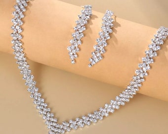 Crystal Bridal Necklace and Earrings Set | Silver Wedding Jewelry