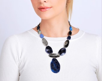ACRYLIC COLLAR NECKLACE – Navy Blue Acrylic Chain Necklace – Lightweight Unique Necklace – Chunky Necklace – Gift for Her-statement necklace
