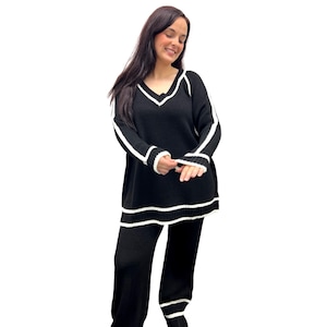 Ladies Cozy Knitted Set with Contrast Trim and Super Stretchy Straight Leg Pants - Size 10-18 - Womenswear, Knitwear Set