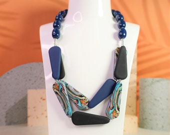 NAVY BLUE BEAD Necklace – colorful Pebble Necklace – Statement Chunky Printed Resin,  Short to Medium Adjustable Length Fashion Necklace