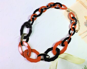 Acrylic Ring Necklace: Orange & Black Bold Chain, Adjustable