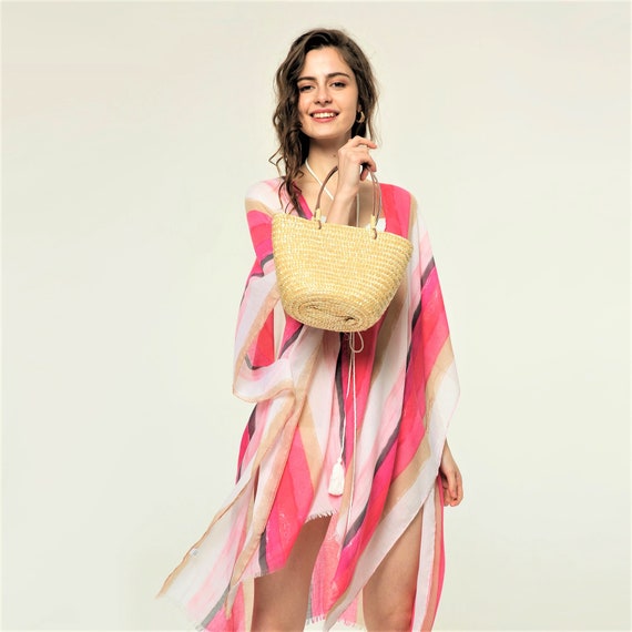 Pink Striped Beach Kimono Cover-Up: Lightweight Cotton Poncho
