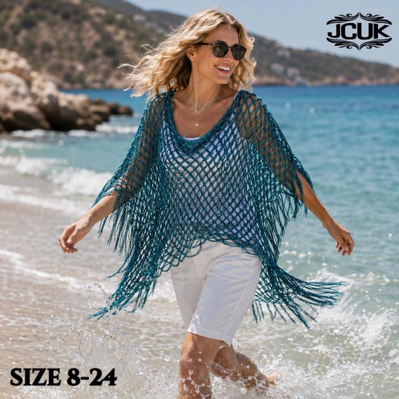 JCUK Summer Boho Crochet Poncho Cover Up | Lightweight Summer Beach Knit Top | One Size UK 8–24 | Festival & Holiday Resort Wear