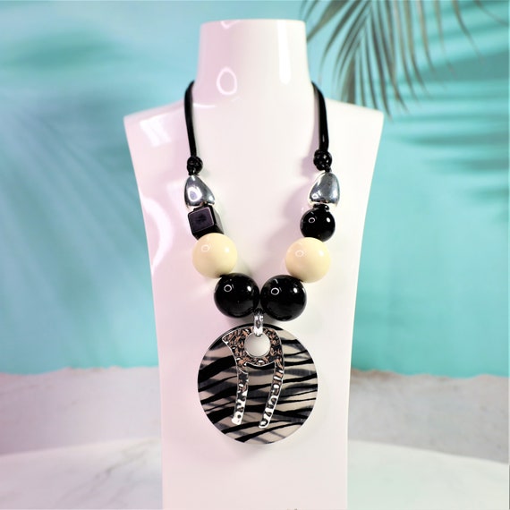 Zebra stripe Big Bold Chunky Necklaceblack and White Statement Necklaceadjustable Bead Necklace geometric Jewellery gift for Her Etsy
