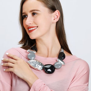 Black & Silver Chunky Statement Necklace: Adjustable Geometric Leaf Bead