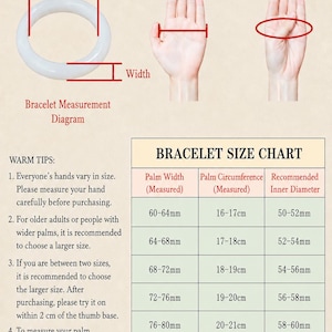 May include: A bracelet measurement diagram featuring a white bangle, illustrations for measuring palm width and circumference, and a size chart. The text includes Bracelet Measurement Diagram, Warm Tips, and Bracelet Size Chart with mm and cm units.
