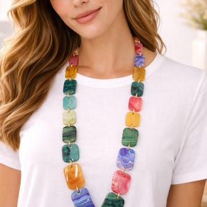 Chunky Multicolor Resin Necklace – Bold Rectangle Bead Statement for Women