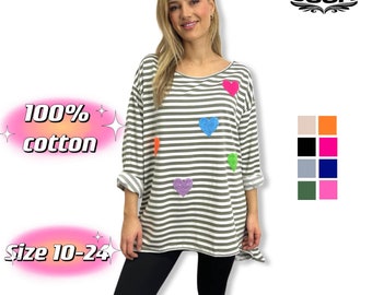 OVERSIZED STRIP 3/4 length multi hearts sweatshirts 100% cotton, plus size 10-24