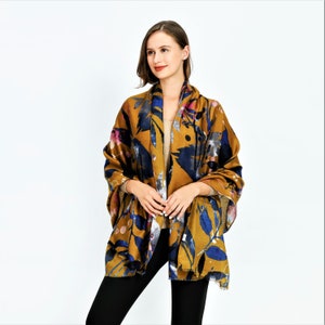 Leaf pattern in Mustard color Thick cotton scarf, Abstract Pattern print scarf,multi-color scarf ,hand-rolled scarf, Multi-use scarf for her