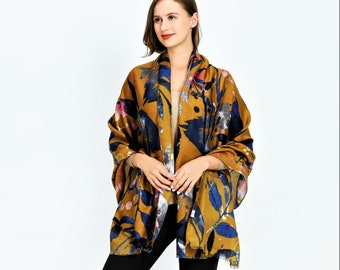 Mustard Leaf Print Cotton Scarf: Hand-Rolled Multi-Use Wrap
