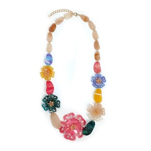 Acrylic Flower COLOURFUL Big Oval Chunky Necklace – Multicolour Statement Necklace – Long Necklace-Beautiful Jewellery - Gift for Her