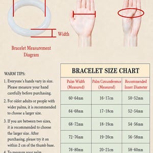 May include: A bracelet measurement diagram featuring a white bangle, illustrations for measuring palm width and circumference, and a size chart. The text includes Bracelet Measurement Diagram, Warm Tips, and Bracelet Size Chart with mm and cm units.
